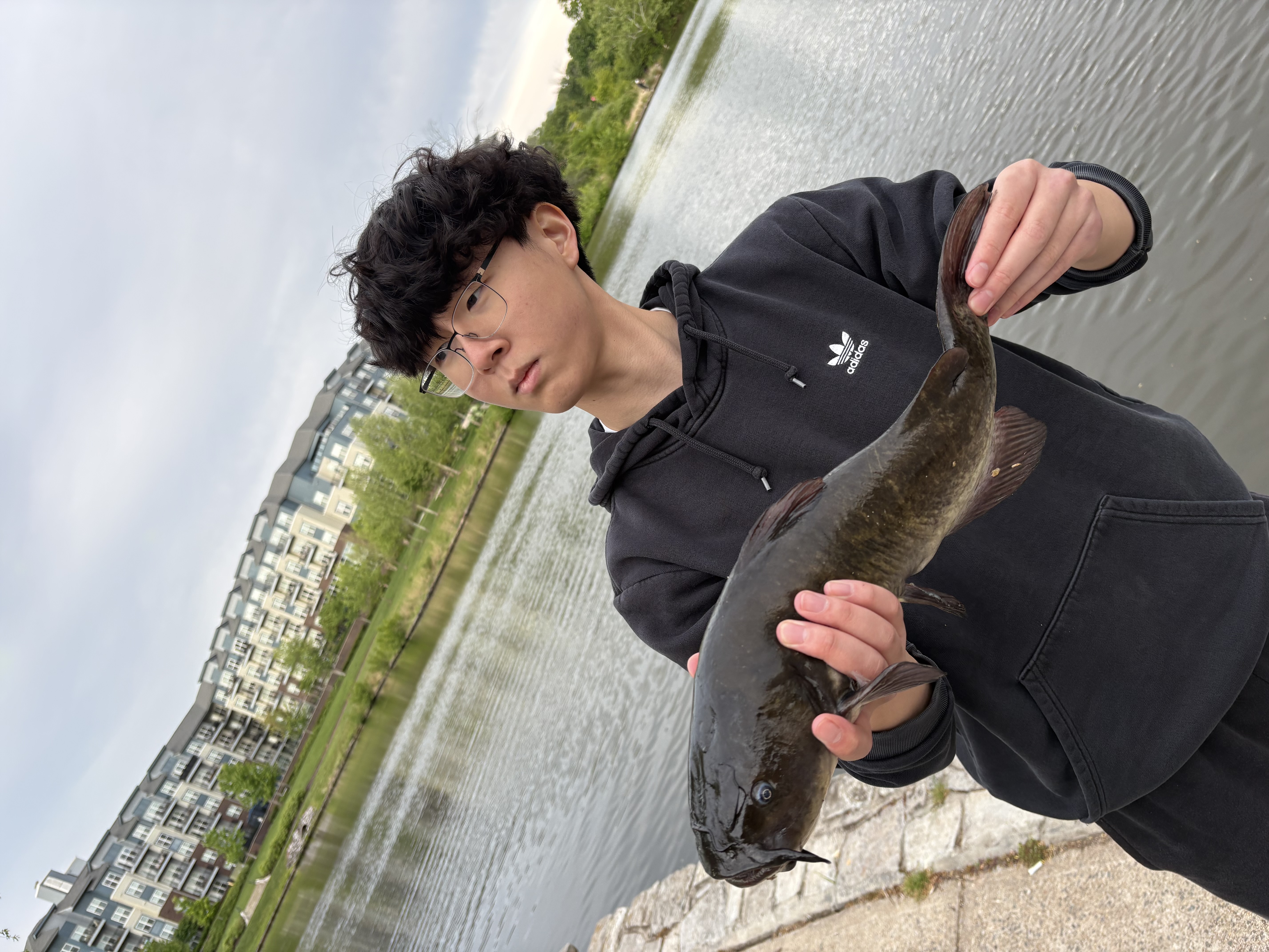 I am standing at the pond edge holding a large catfish horizontally in both hands, apartment buildings and water behind me.