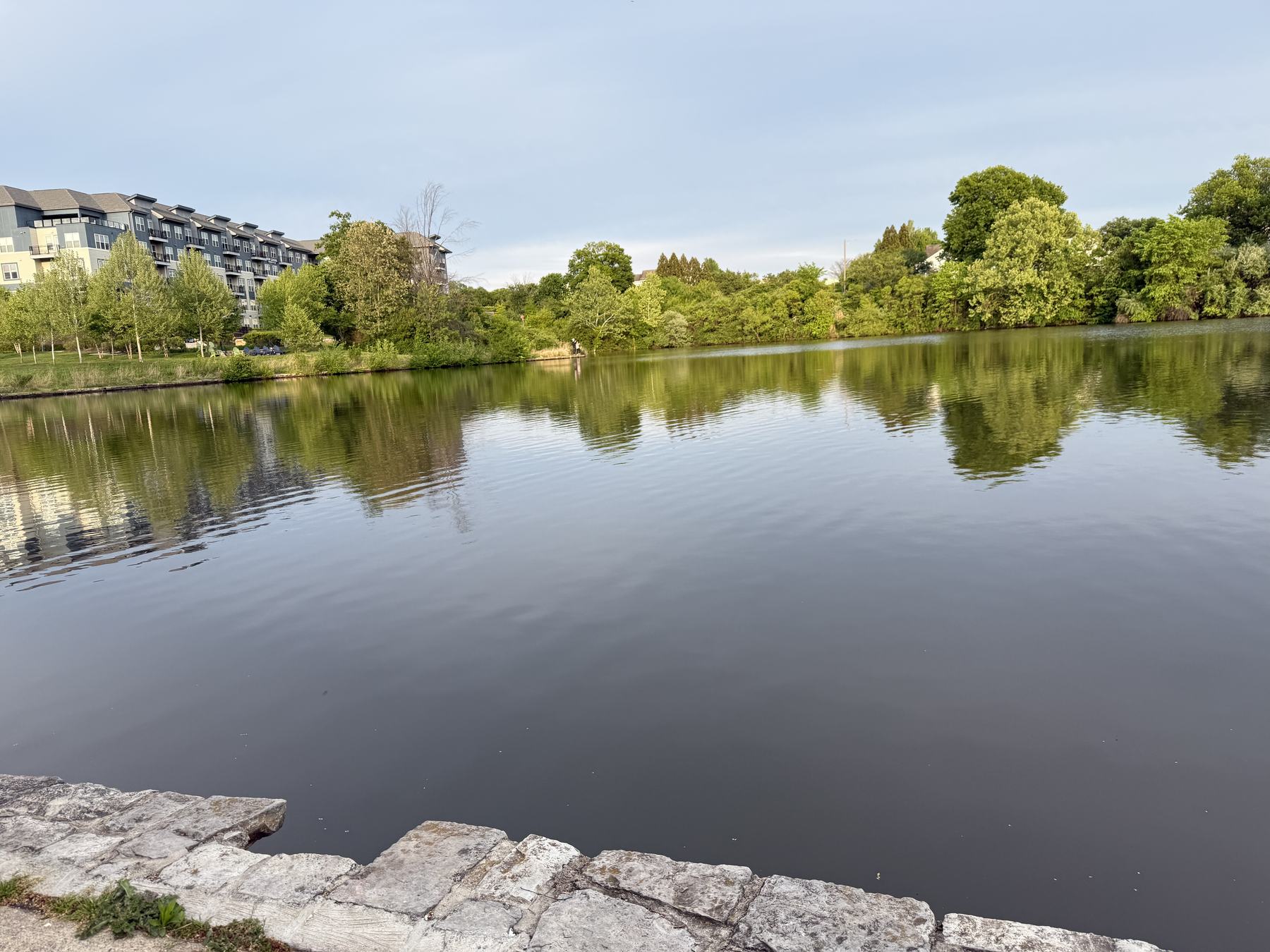 The retention pond seen from stone rip-rap on its southern bank; apartments and treeline reflected in still water on a calm evening.